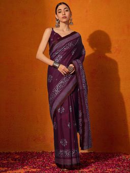 Akhilam - Womens Cotton Burgundy Printed Celebrity Saree with Unstitched Blouse
