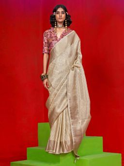 Akhilam - Womens Tissue Cream Woven Design Saree with Unstitched Blouse