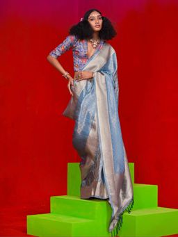 Akhilam - Womens Tissue Light Blue Woven Design Saree with Unstitched Blouse