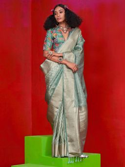 Akhilam - Womens Tissue Aqua Woven Design Saree with Unstitched Blouse