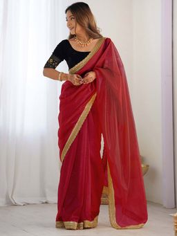 Akhilam - Womens Net Red Embellished Saree with Unstitched Blouse