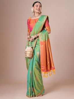 Akhilam - Womens Pure Silk Green Woven Design Saree with Unstitched Blouse