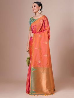 Akhilam - Womens Pure Silk Orange Woven Design Saree with Unstitched Blouse