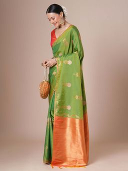 Akhilam - Womens Pure Silk Green Woven Design Saree with Unstitched Blouse