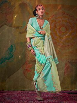 Akhilam - Womens Cotton Silk Turquoise Woven Design Saree with Unstitched Blouse