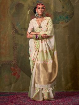 Akhilam - Womens Cotton Silk Cream Woven Design Saree with Unstitched Blouse