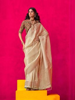 Akhilam - Womens Tissue Cream Woven Design Saree with Unstitched Blouse