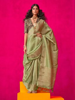 Akhilam - Womens Tissue Light Green Woven Design Saree with Unstitched Blouse