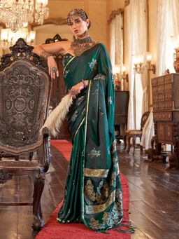 Akhilam - Womens Satin Silk Dark Green Woven Design Saree with Unstitched Blouse