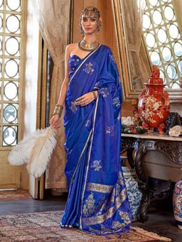 Akhilam - Womens Satin Silk Blue Woven Design Saree with Unstitched Blouse