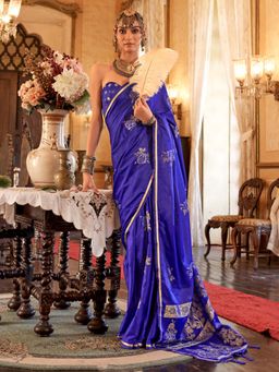 Akhilam - Womens Satin Silk Navy Blue Woven Design Saree with Unstitched Blouse