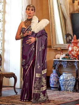 Akhilam - Womens Satin Silk Burgundy Woven Design Saree with Unstitched Blouse