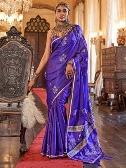 Akhilam - Womens Satin Silk Indigo Woven Design Saree with Unstitched Blouse