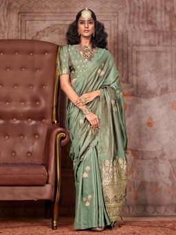 Akhilam - Womens Satin Silk Light Green Woven Design Saree with Unstitched Blouse