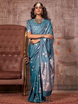 Akhilam - Womens Satin Silk Teal Blue Woven Design Saree with Unstitched Blouse