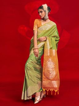 Akhilam - Womens Tussar Silk Green Woven Design Saree with Unstitched Blouse