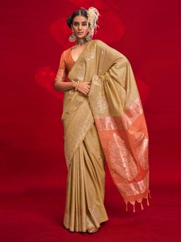 Akhilam - Womens Tussar Silk Beige Woven Design Saree with Unstitched Blouse
