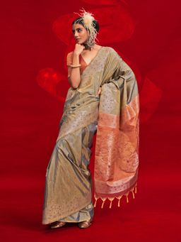 Akhilam - Womens Tussar Silk Woven Design Saree with Unstitched Blouse