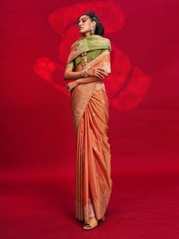 Akhilam - Womens Tussar Silk Orange Woven Design Saree with Unstitched Blouse