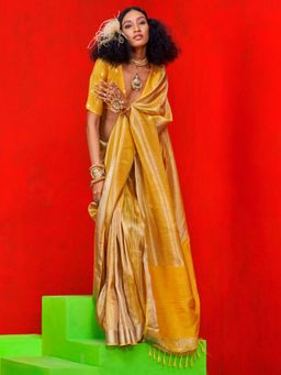 Akhilam - Womens Viscose Yellow Saree with Unstitched Blouse