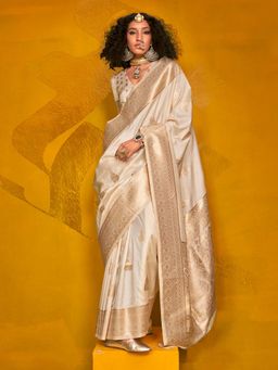 Akhilam - Womens Silk Blend Off White Woven Design Saree with Unstitched Blouse