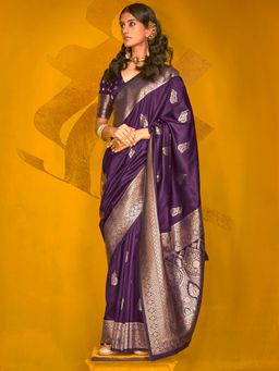 Akhilam - Womens Silk Blend Purple Woven Design Saree with Unstitched Blouse