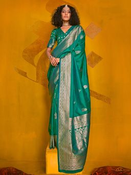 Akhilam - Womens Silk Blend Green Woven Design Saree with Unstitched Blouse