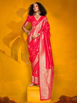 Akhilam - Womens Silk Blend Pink Woven Design Saree with Unstitched Blouse
