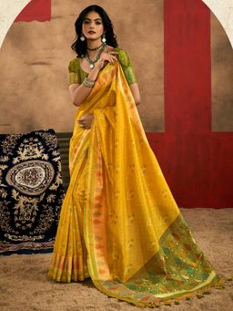 Akhilam - Womens Tussar Silk Yellow Woven Design Saree with Unstitched Blouse