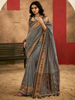 Akhilam - Womens Tussar Silk Grey Woven Design Saree with Unstitched Blouse