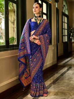 Akhilam - Womens Silk Blend Navy Blue Woven Design Saree with Unstitched Blouse
