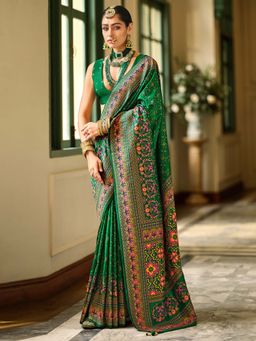 Akhilam - Womens Silk Blend Green Woven Design Saree with Unstitched Blouse