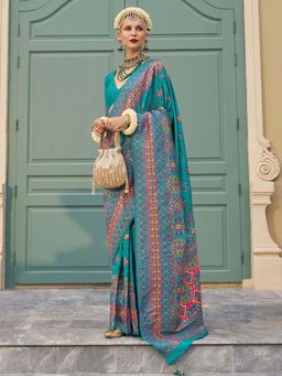 Akhilam - Womens Silk Blend Light Blue Woven Design Saree with Unstitched Blouse