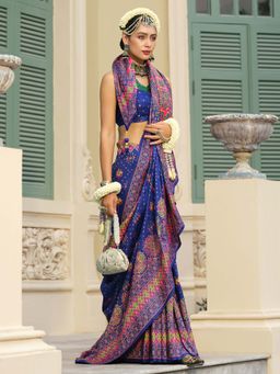 Akhilam - Womens Silk Blend Navy Blue Woven Design Saree with Unstitched Blouse