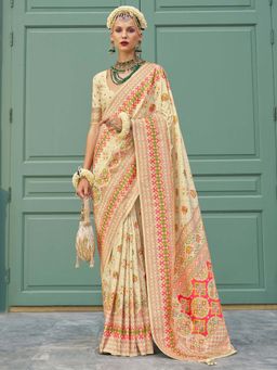 Akhilam - Womens Silk Blend Cream Woven Design Saree with Unstitched Blouse