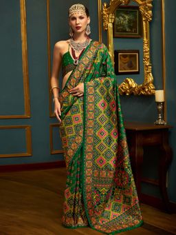 Akhilam - Womens Silk Blend Green Woven Design Saree with Unstitched Blouse