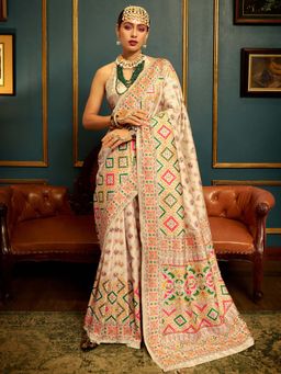 Akhilam - Womens Silk Blend Cream Woven Design Saree with Unstitched Blouse