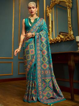 Akhilam - Womens Silk Blend Light Blue Woven Design Saree with Unstitched Blouse
