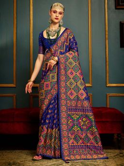 Akhilam - Womens Silk Blend Navy Blue Woven Design Saree with Unstitched Blouse