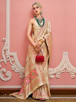 Akhilam - Womens Silk Blend Off White Woven Design Saree with Unstitched Blouse