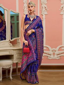 Akhilam - Womens Silk Blend Navy Blue Woven Design Saree with Unstitched Blouse