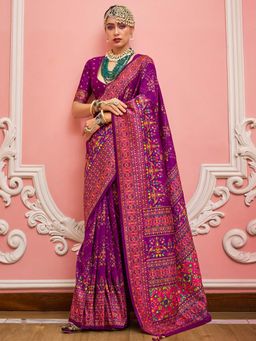 Akhilam - Womens Silk Blend Purple Woven Design Saree with Unstitched Blouse