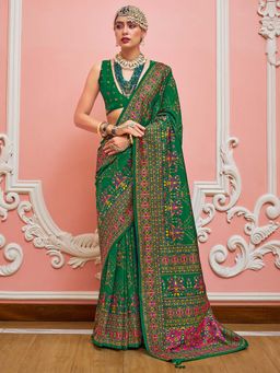 Akhilam - Womens Silk Blend Green Woven Design Saree with Unstitched Blouse