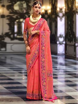 Akhilam - Womens Silk Blend Pink Woven Design Saree with Unstitched Blouse