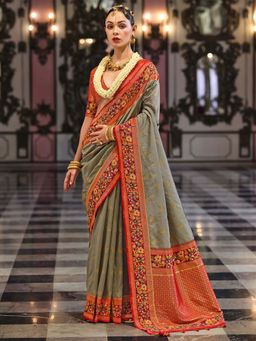 Akhilam - Womens Silk Blend Grey Woven Design Saree with Unstitched Blouse