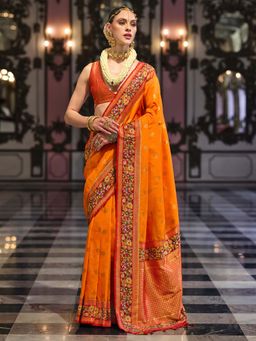 Akhilam - Womens Silk Blend Yellow Woven Design Saree with Unstitched Blouse