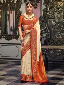 Akhilam - Womens Silk Blend Cream Woven Design Saree with Unstitched Blouse