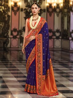 Akhilam - Womens Silk Blend Navy Blue Woven Design Saree with Unstitched Blouse