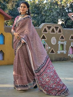 Akhilam - Womens Cotton Blend Maroon Printed Saree with Unstitched Blouse
