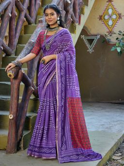 Akhilam - Womens Cotton Blend Magenta Printed Saree with Unstitched Blouse